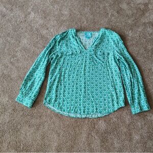 Escapada Long Sleeve Tunic Blouse Womens Large Green Teal Lightweight Resortwear